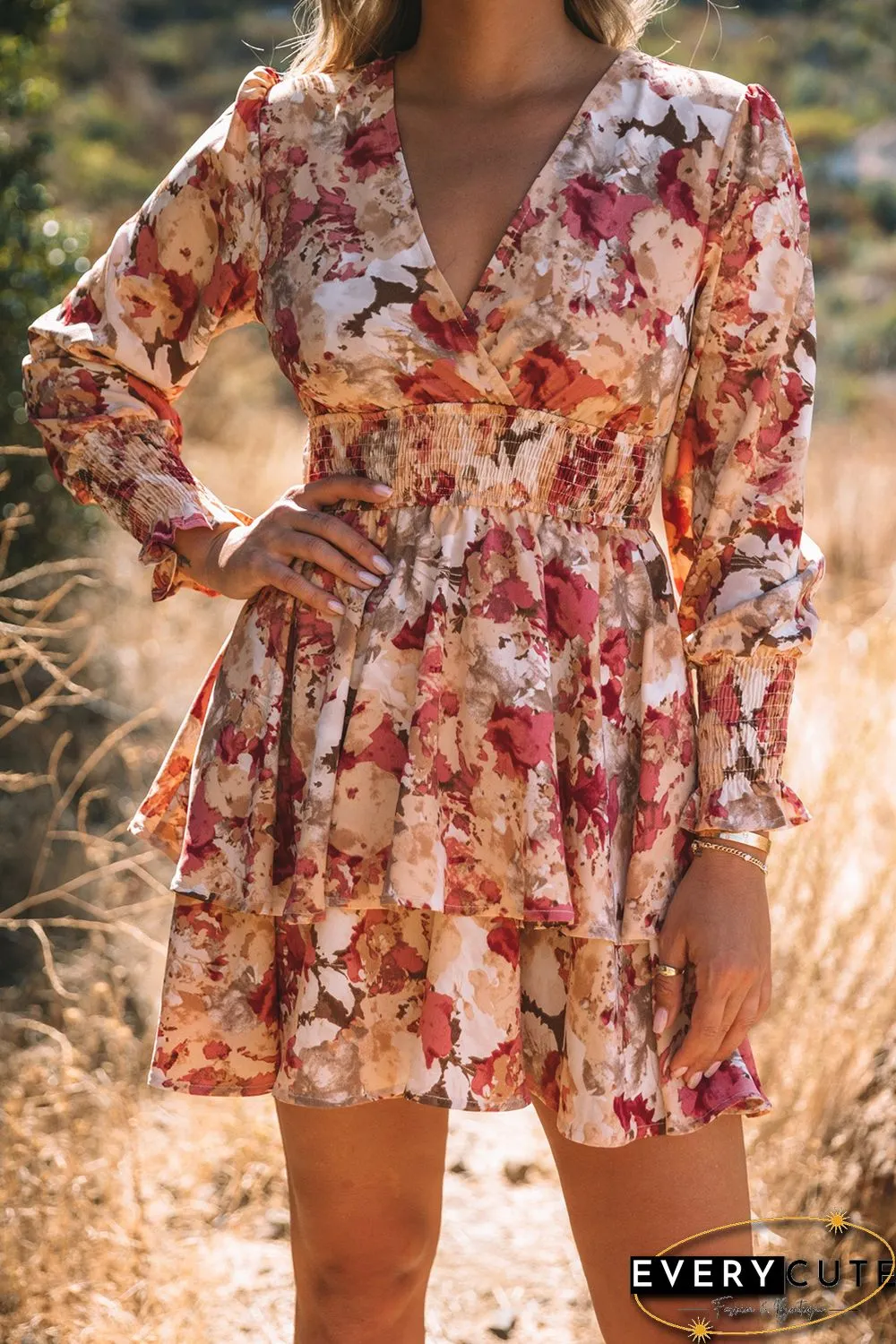 Pink Floral Print V Neck Wrap Tiered Dress
