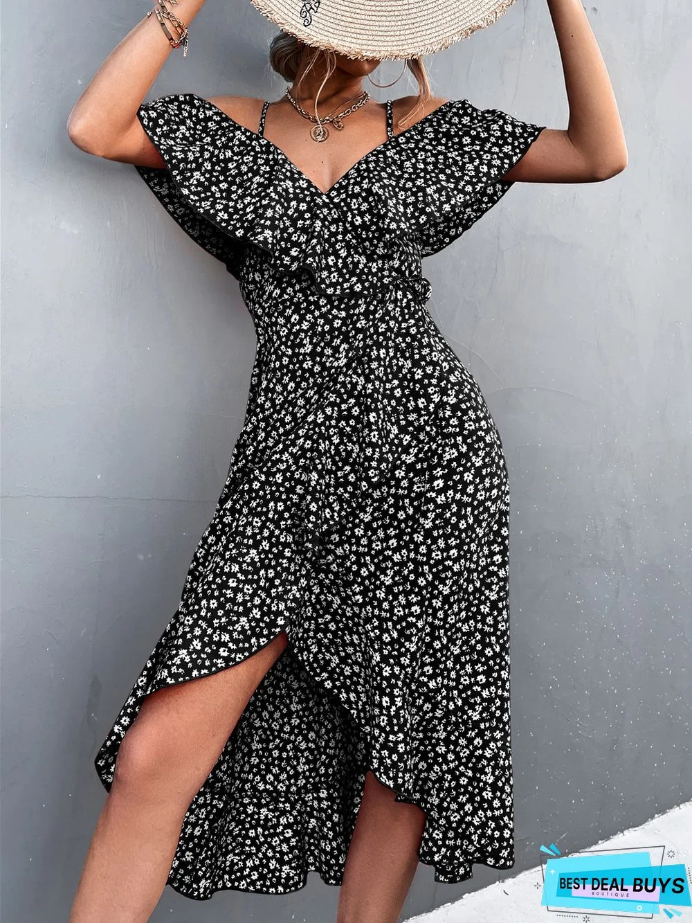 One Shoulder Floral Halter Dress Irregular Dress