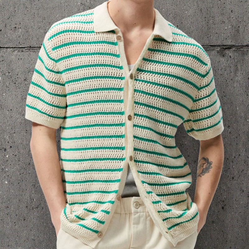 Arkget Shoes | Men's Striped Crochet Knit Short-Sleeve Breathable Polo Cardigan