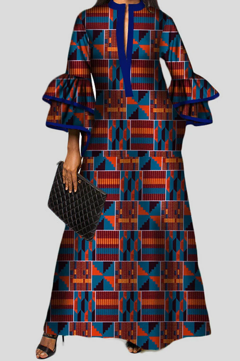 Vintage Print Patchwork V Neck A Line Dresses