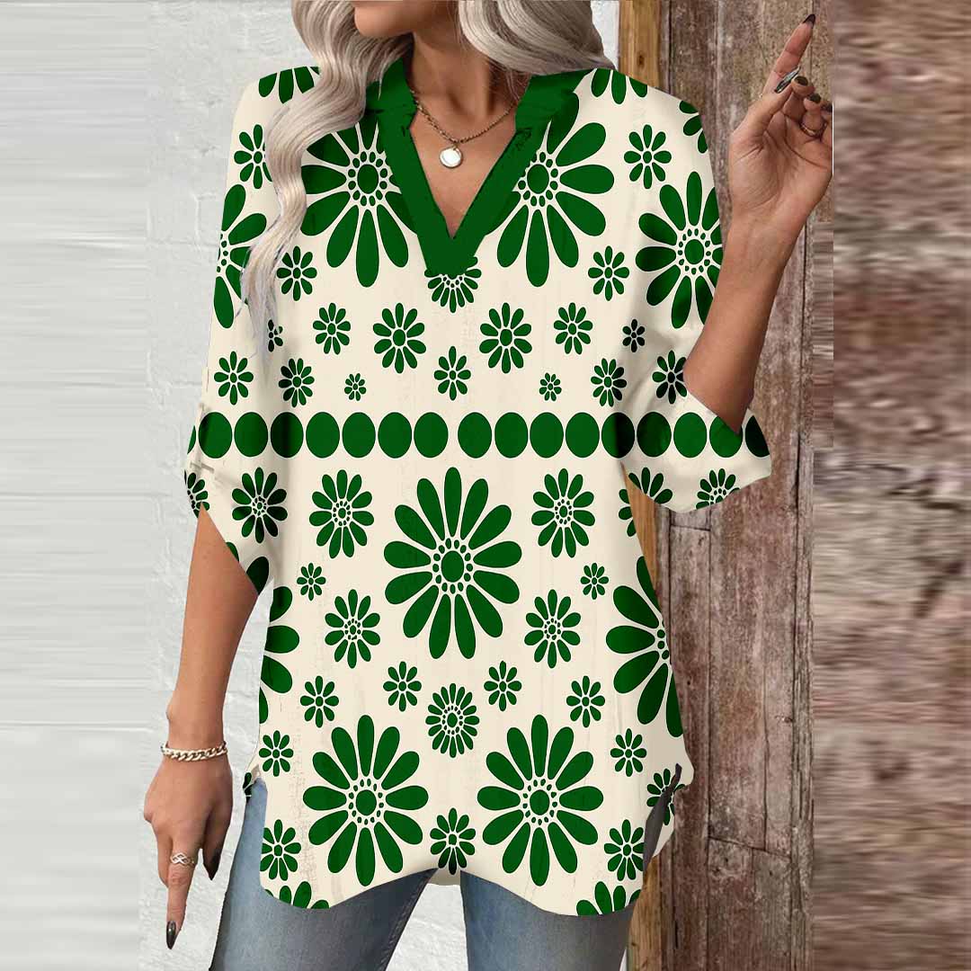 Women Green, Tropical DZGA0074 3/4 Sleeve V-neck Printed Graphic Button Tops