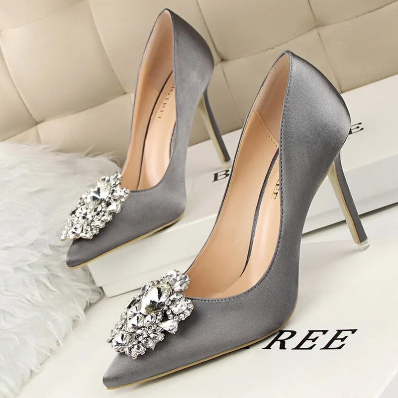 BIGTREE Kitten Heels Metal Rhinestones Woman Pumps Wedding Shoes High Heels Shoes Gold Silver Sexy Party Shoes Large size 43