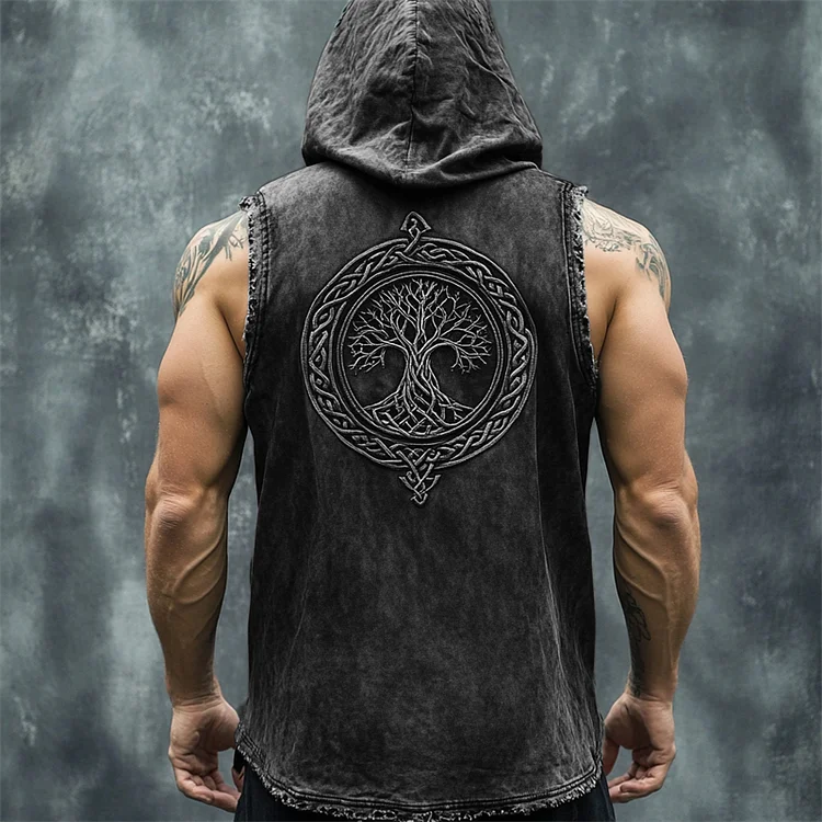 Men's Viking Celtic Tree Of Life Washed Hooded Tank Top
