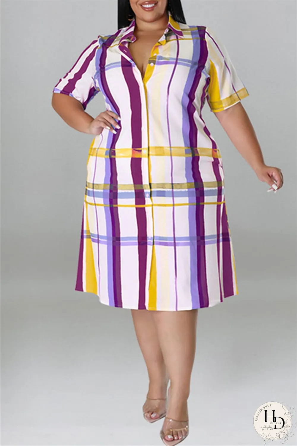 Black Fashion Casual Plus Size Plaid Print Patchwork Turndown Collar Shirt Dress