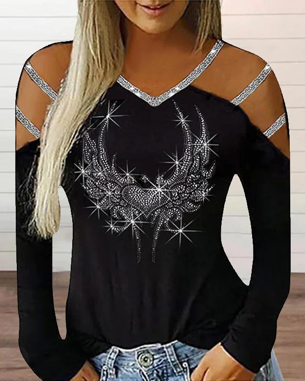 Sequins Cold Shoulder V Neck Long Sleeves Casual Sexy Blouses