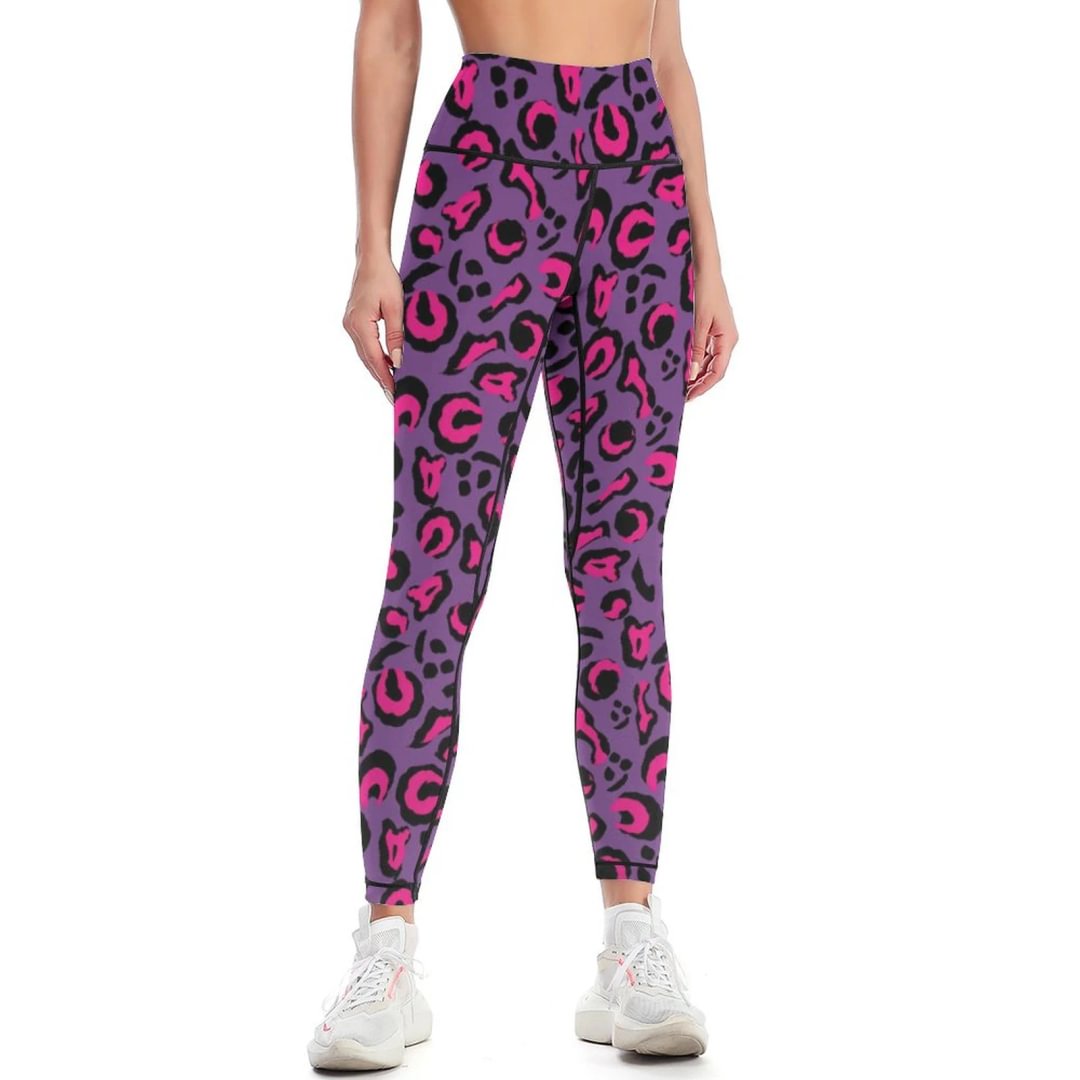 Funky Pink Leopard Print Yoga Pants for Women Buttery Soft High Waisted 7/8 Length Workout Leggings