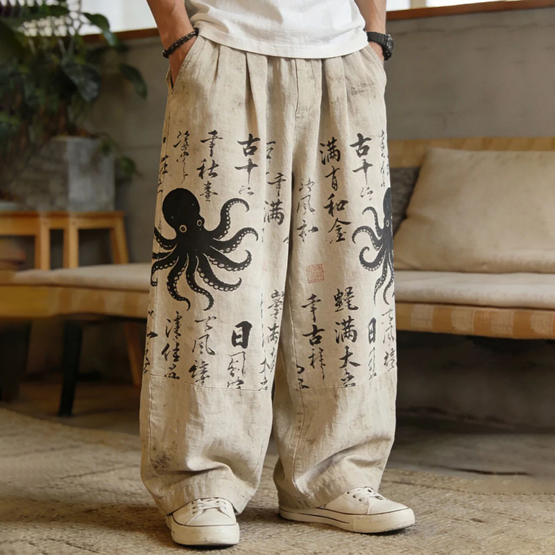 Men's Octopus Japanese Calligraphy Art Print Drawstring Waist Casual Pants  artssus