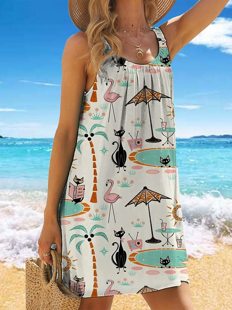 V-Neck Resort Hawaii Cocktail Black Cat Print Suspender Skirt Tankini ...