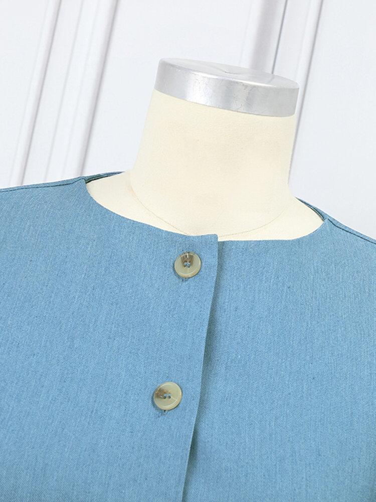 Solid Button Front Sleeveless Shirt Dress