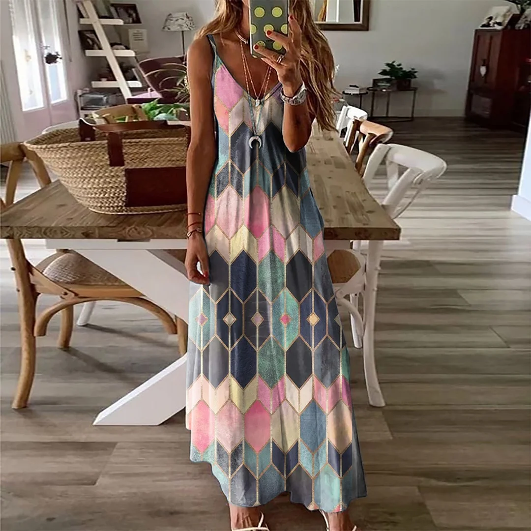 Zingj Sleeve Women's Summer Casual Printed Camisole Long Dress