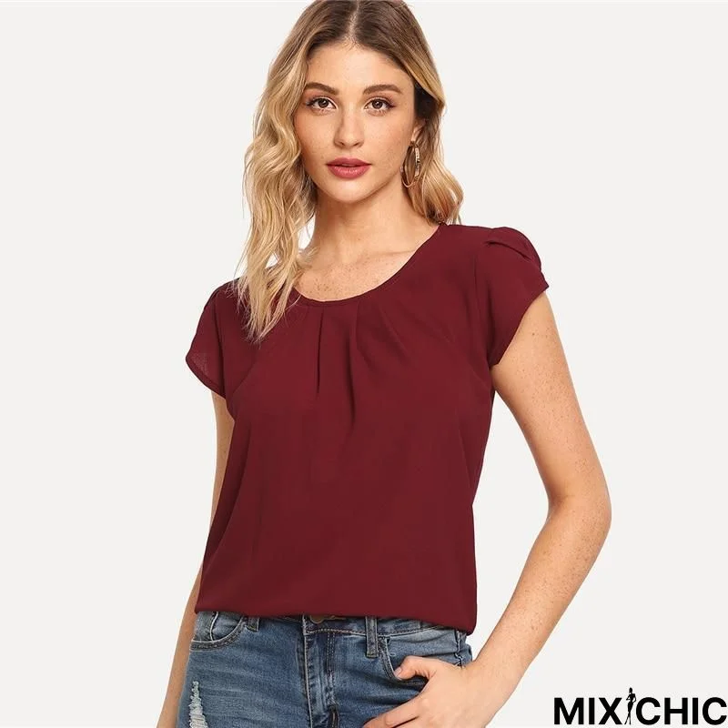 Burgundy Asymmetrical Blouse Petal Sleeve Pleated Detail Solid Short Sleeve Blouse