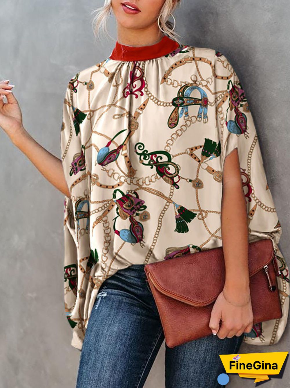 Women'S Blouses Loose Print Crew Neck Doll Sleeve Blouse