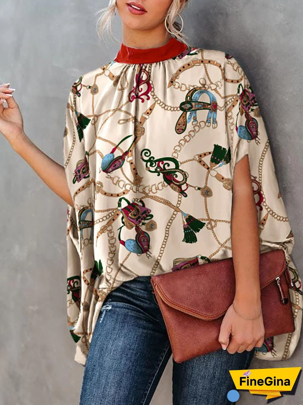 Women'S Blouses Loose Print Crew Neck Doll Sleeve Blouse