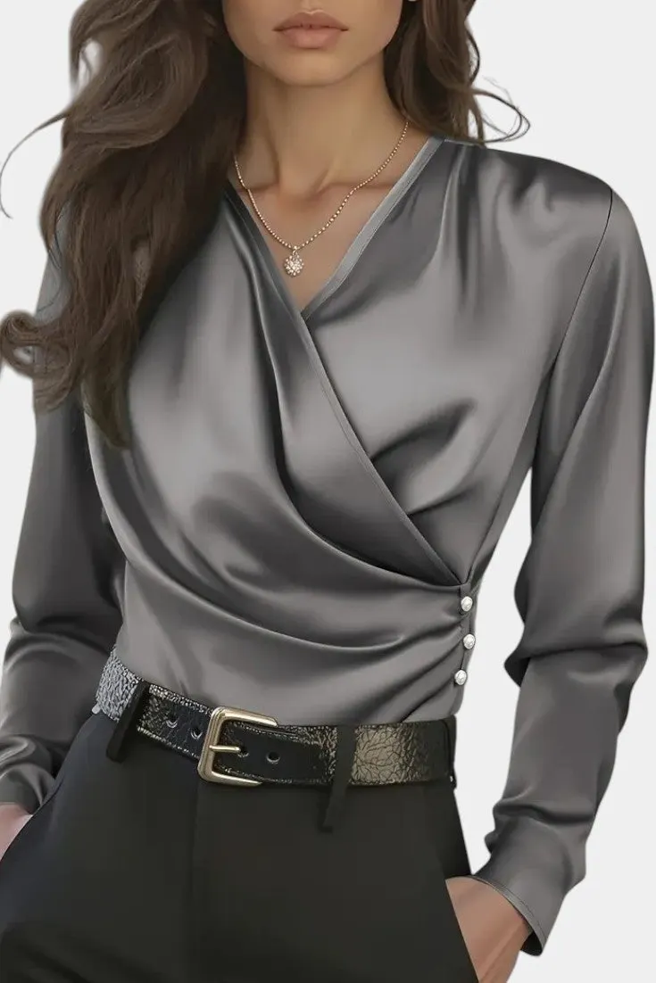 Wrap Neck Satin Blouse with Button Detail