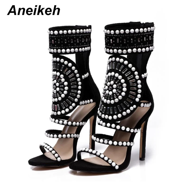 Aneikeh Women Fashion Open Toe Rhinestone Design High Heel Sandals Crystal Ankle Wrap Glitter Diamond Gladiator Black Size 35-42