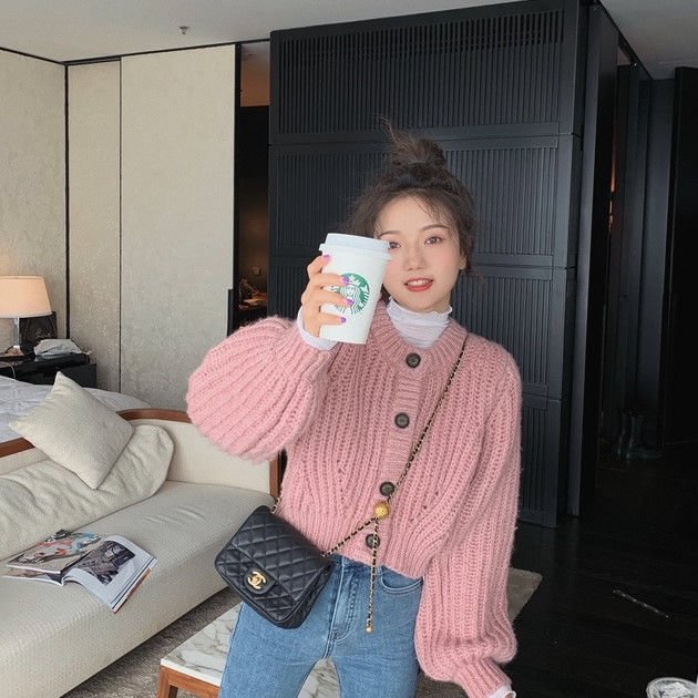 Cardigan Short-length Elegant Kawaii Korean Style Fashion Lantern Sleeve O-neck Single Breasted Streetwear Students Office Lady