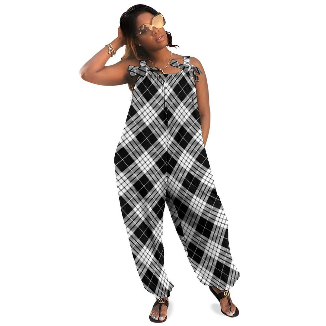 Black White Tartan Chic Stylish Plaid Pattern Boho Vintage Loose Overall Corset Jumpsuit Without Top