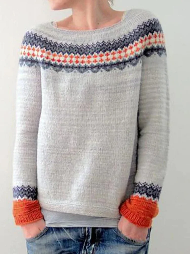 Boat Neck Retro Geo & Colorblock Knit Sweater