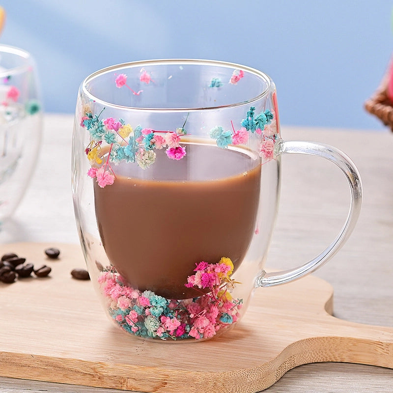 Double-layer Glass Quicksand Flower Cup Borosilicate Glass Double-layer Cup Breakfast Milk Coffee Cup Household Drinking Cup