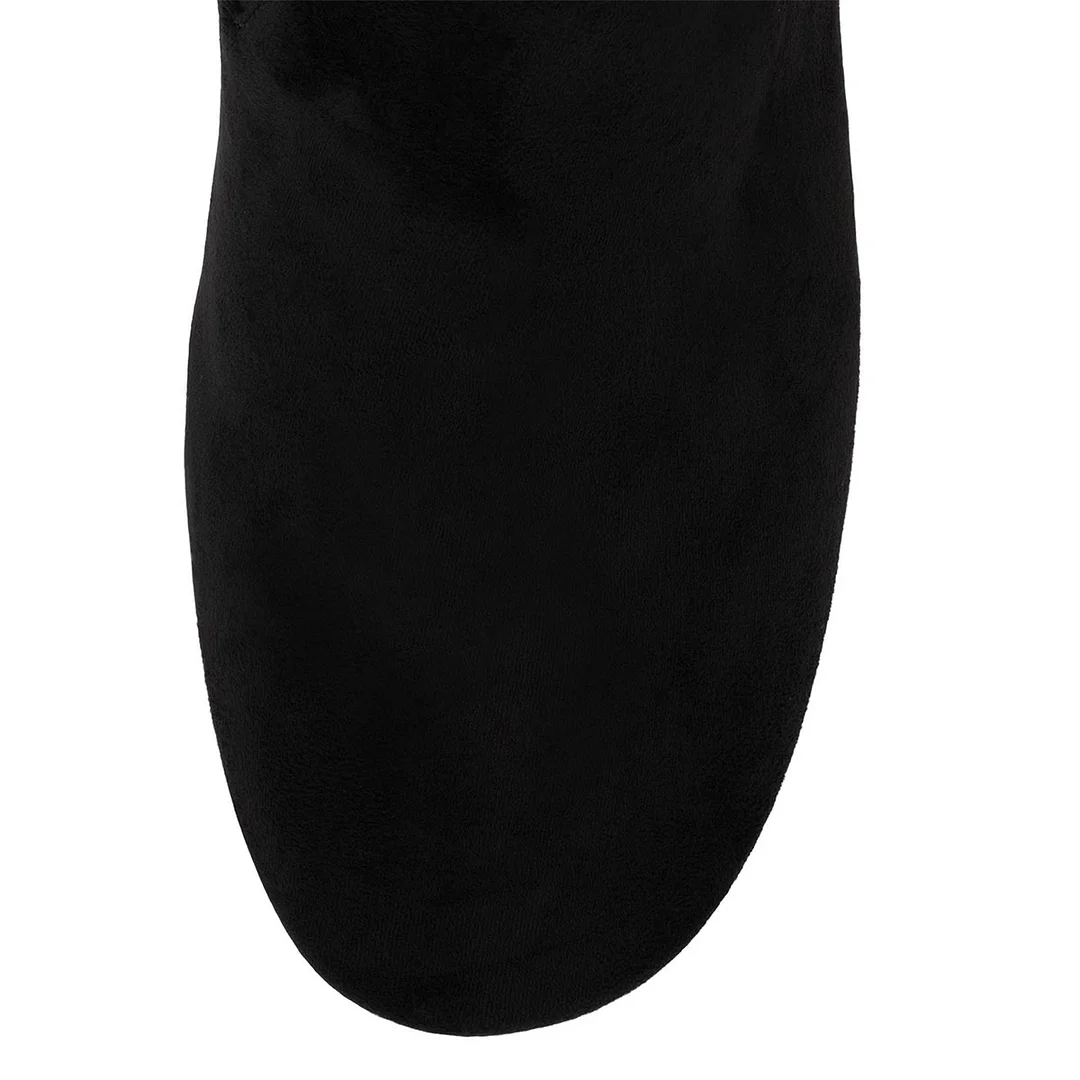 Black Vegan Suede Round Toe Chunky Heel Knee High Boots with Zipper