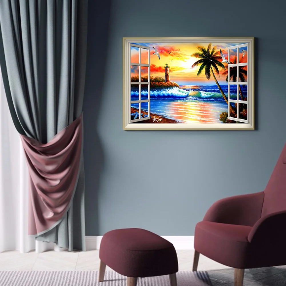 Diamond Painting - Full Round Drill - Sunset Window Beach(40*30cm)