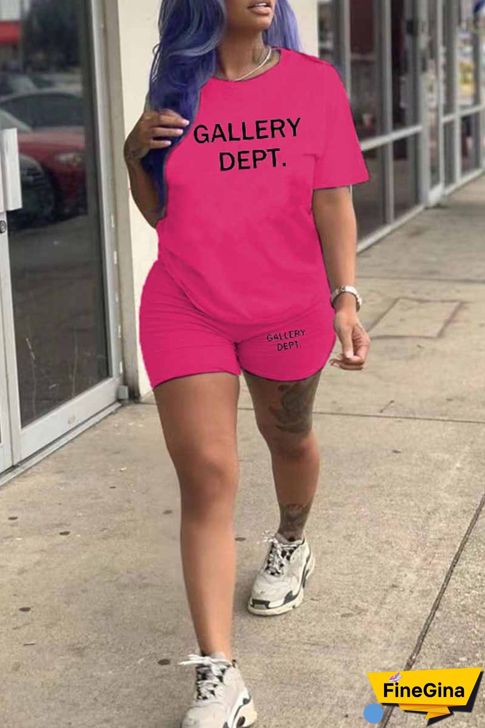 Purple Casual Print Letter O Neck Short Sleeve Two Pieces