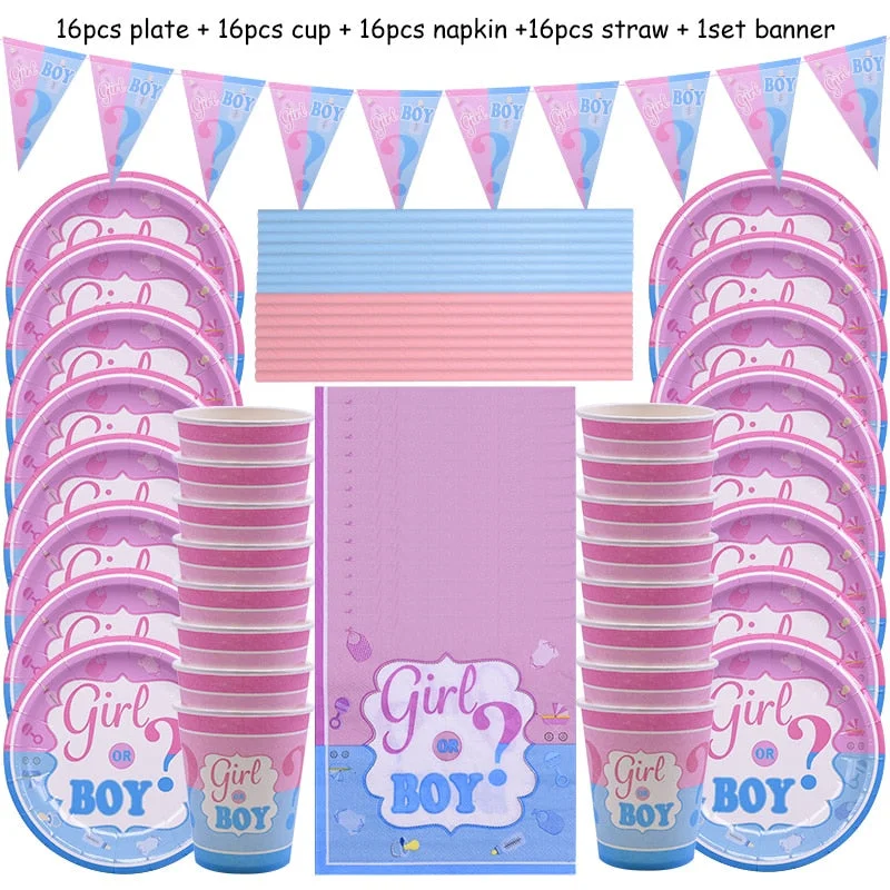 65Pcs Gender Reveal Disposable Tableware Set Boy Or Girl Plate Napkin Gender Reveal Baby Shower Party Decorations Supplies