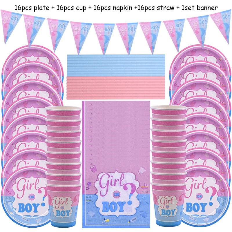 65Pcs Gender Reveal Disposable Tableware Set Boy Or Girl Plate Napkin Gender Reveal Baby Shower Party Decorations Supplies