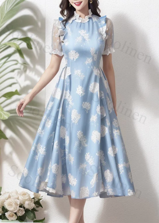 Elegant Blue Ruffled Print High Waist Silk Dress Summer