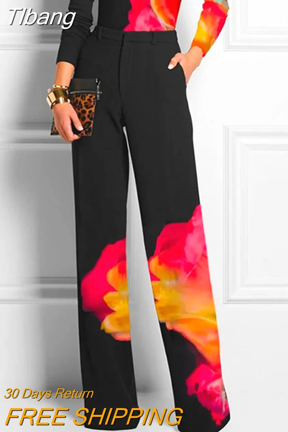 Tlbang Female Fashion Contrast Color Printed High Waisted Straight Leg Pants 2023 New Spring Autumn Casual Trousers For Women