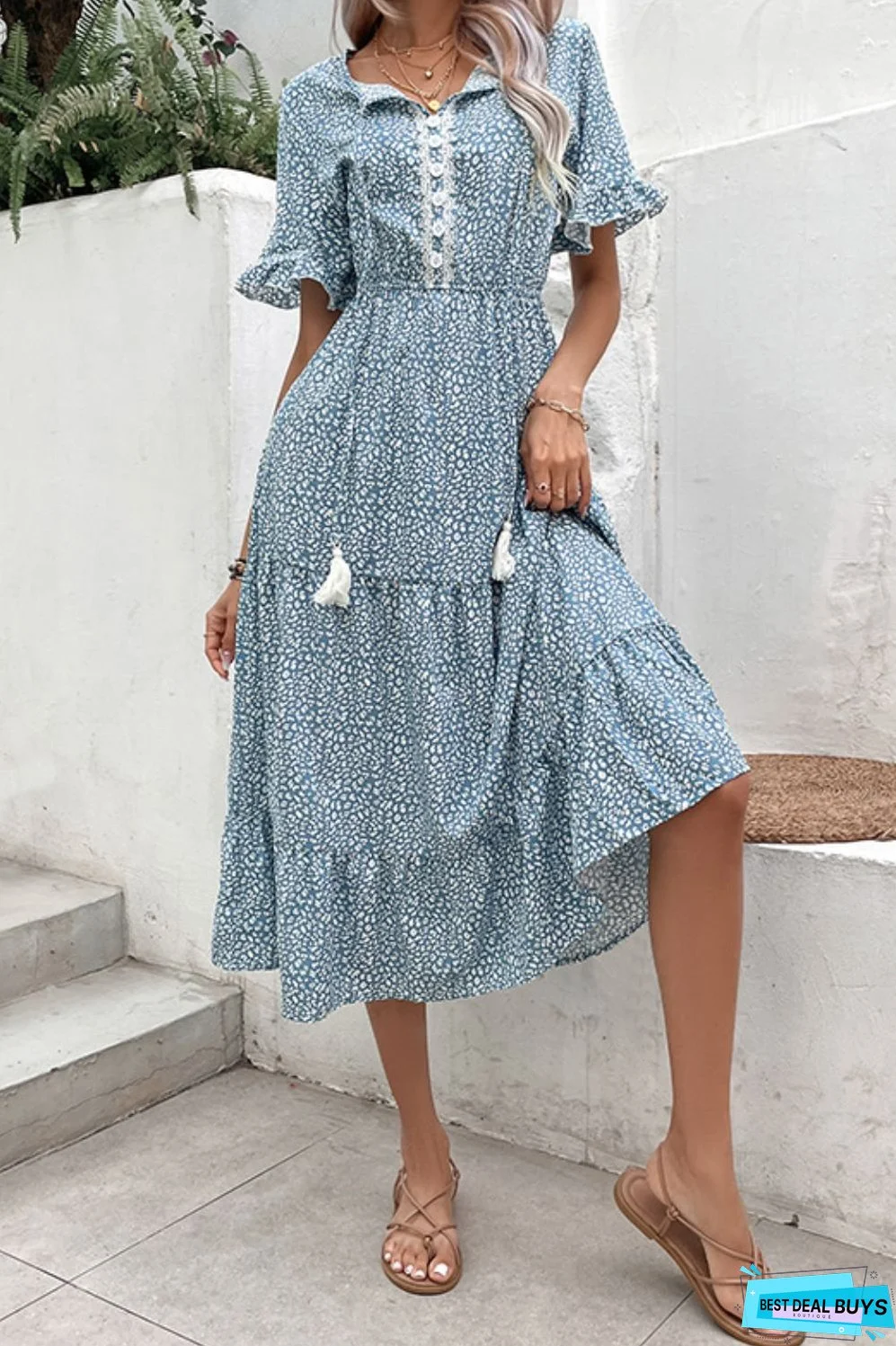 Printed Tassel Tie Flounce Sleeve Dress