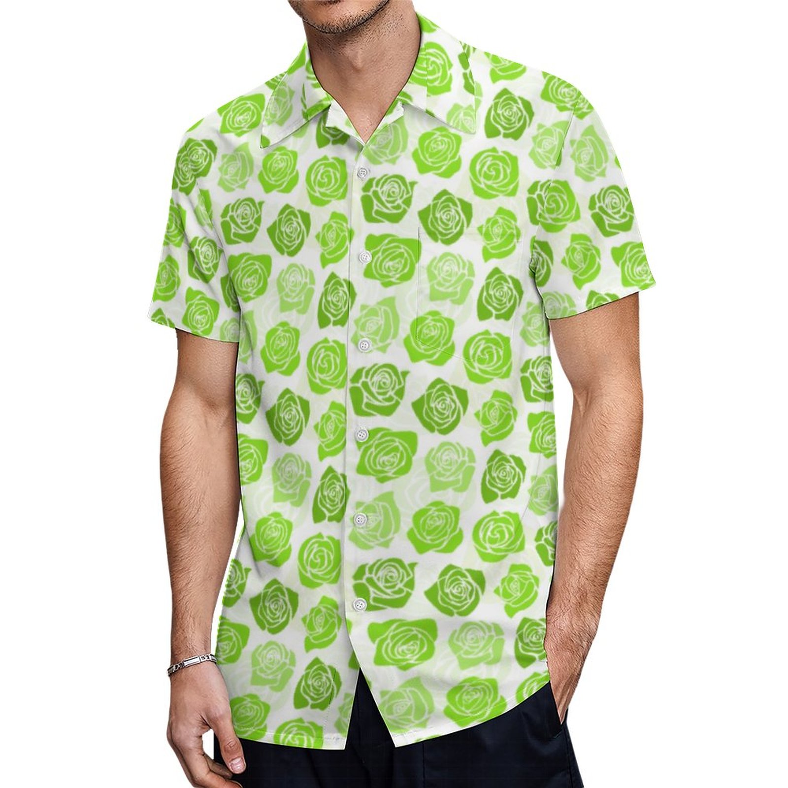 Vintage Green Roses Insulated Water Bottle Hawaiian Shirt Mens Button Down Tropical Hawaii Beach Shirts