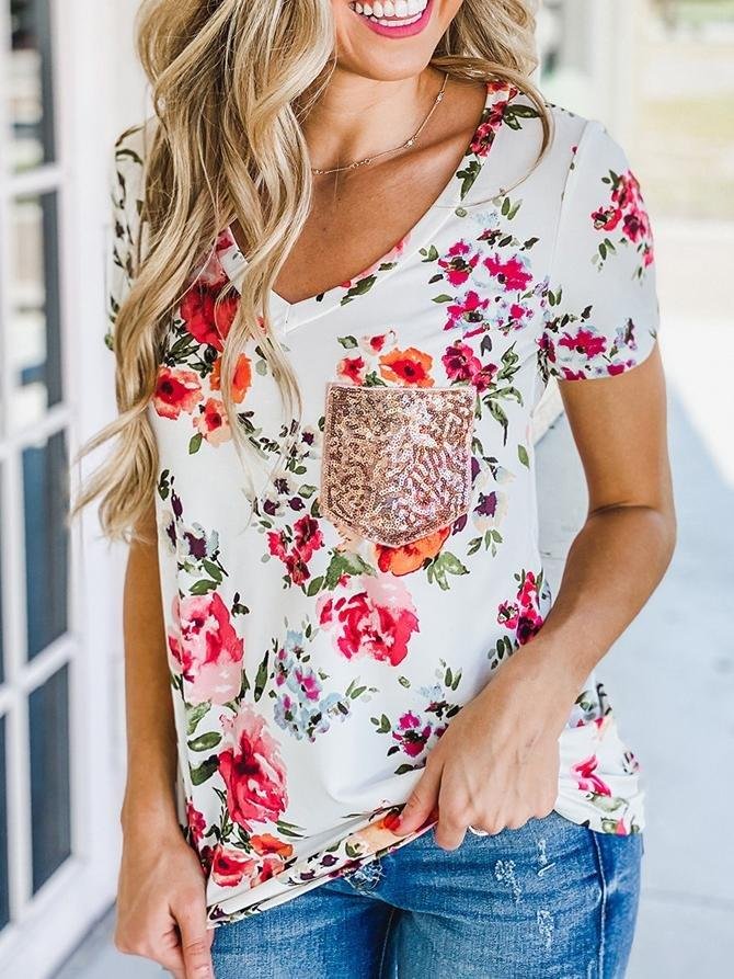 Floral Sequins Pocket V-Neck T-Shirt