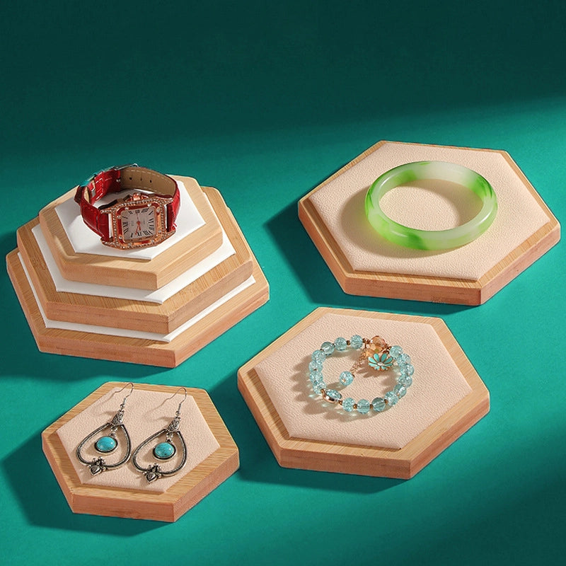 Creative Hexagon Jewelry Display Plate Bamboo And Wood Jewelry Display Table Three-piece Set Jewelry Display Rack