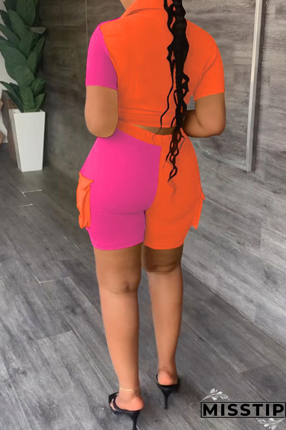 Blue Casual Patchwork Contrast Shirt Collar Short Sleeve Two Pieces