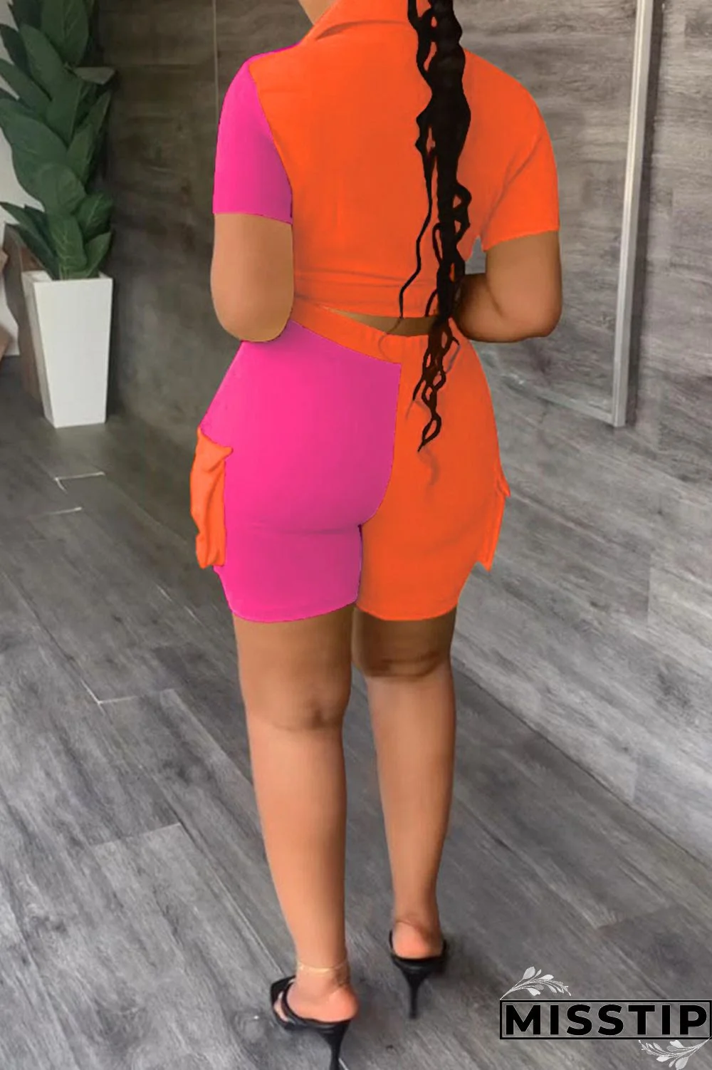 Blue Casual Patchwork Contrast Shirt Collar Short Sleeve Two Pieces