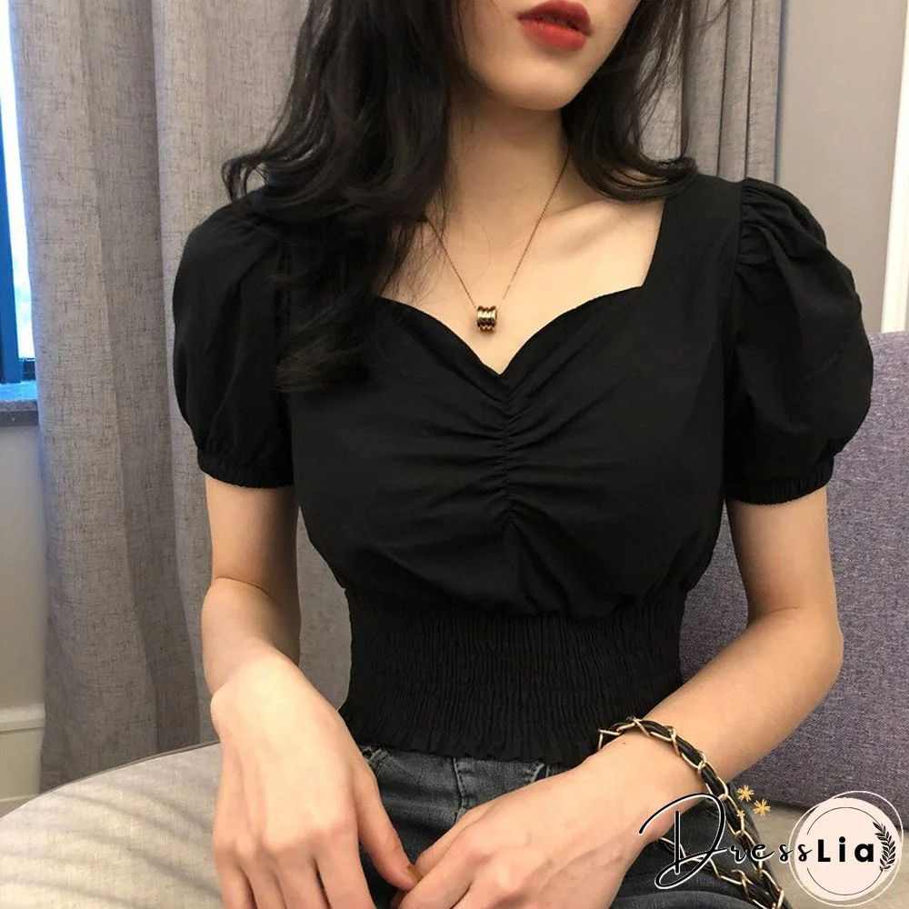 Collar Sexy T-shirt Women Fashion Puff Sleeve Female Short Tops Slim Black White Tees Women's Clothing