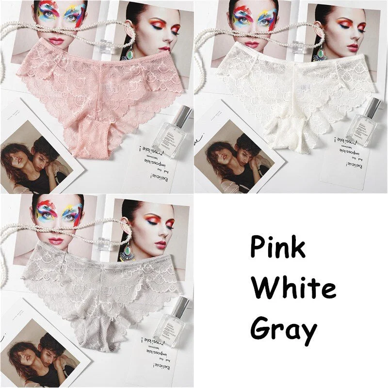 3PCS Sexy Lace Panties Solid Soft Breathable Briefs Seamless Women Underwear Ladies Panty Transparent Tempting Low-Rise Lingerie