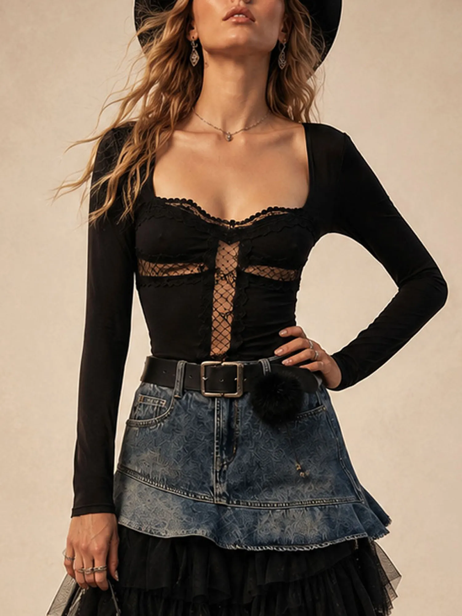 Perfect for Date Night &mdash; 2026 Spring Chic Black Floral Lace Patchwork Modern Boho Long-Sleeve Top