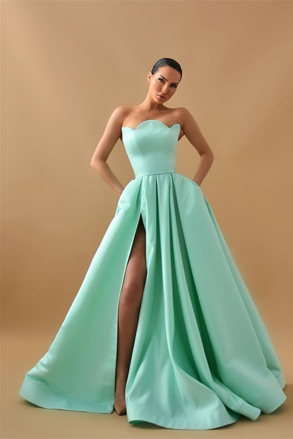 Dresseswow Strapless Mint Green Prom Dress Split Long With Pocket