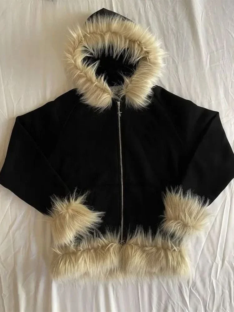 Aonga Plush liner retro Hoodie commuter Y2K top casual street rock aesthetics Harajuku punk hip-hops urban fashion chic women's hooded aonga