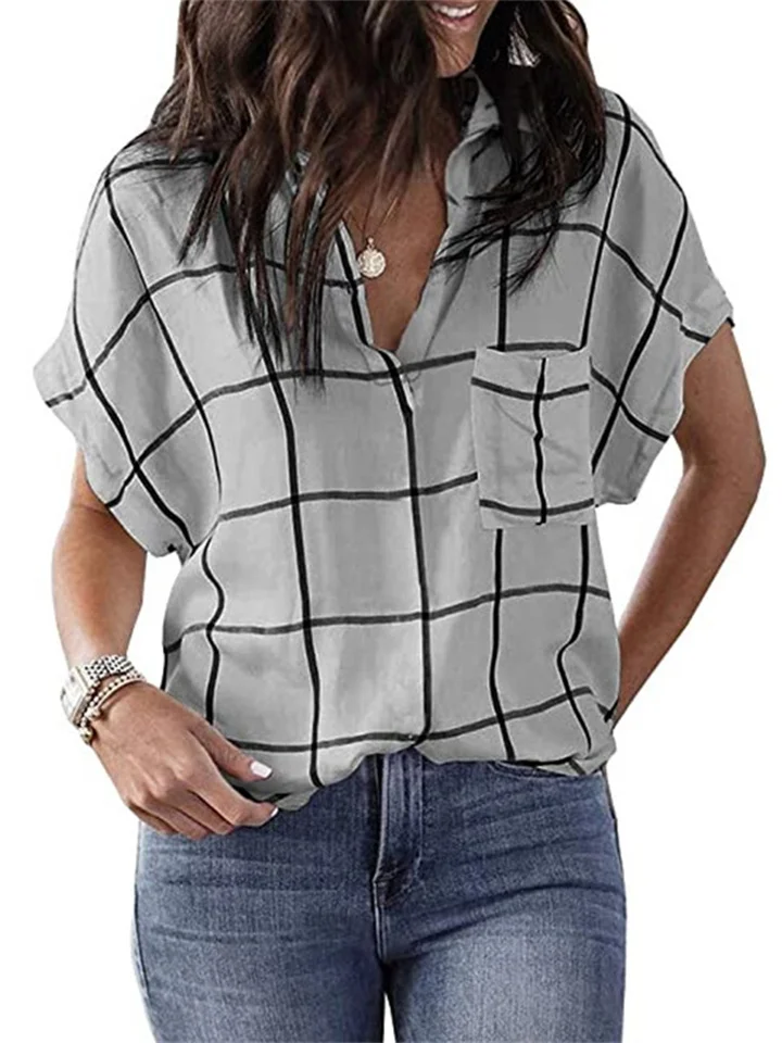 Spring and Summer New Women's Plaid Print Pocket V-neck Short-sleeved Loose Type Common-style Shirt T-shirt-Cosfine