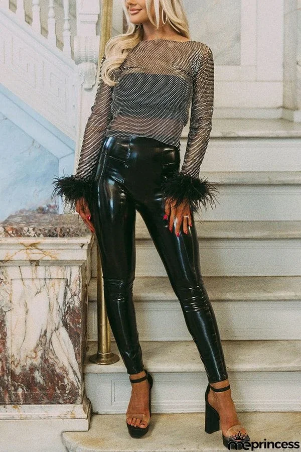 Luxe Look Rhinestone Fabric Feather Sleeve Party Crop Top