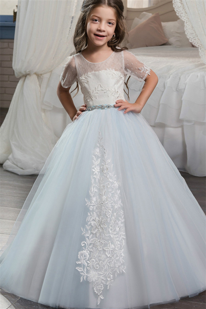 Bellasprom Short Sleeves Lace-up Flower Girl Dress Tulle With Appliques Bellasprom