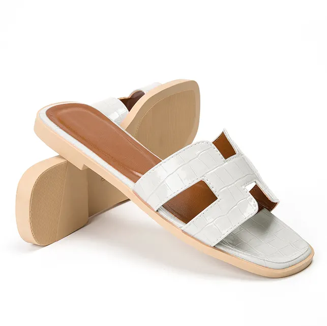 Womens Square Open Toe Summer Casual Flat Crocodile Slippers-vocosishoes