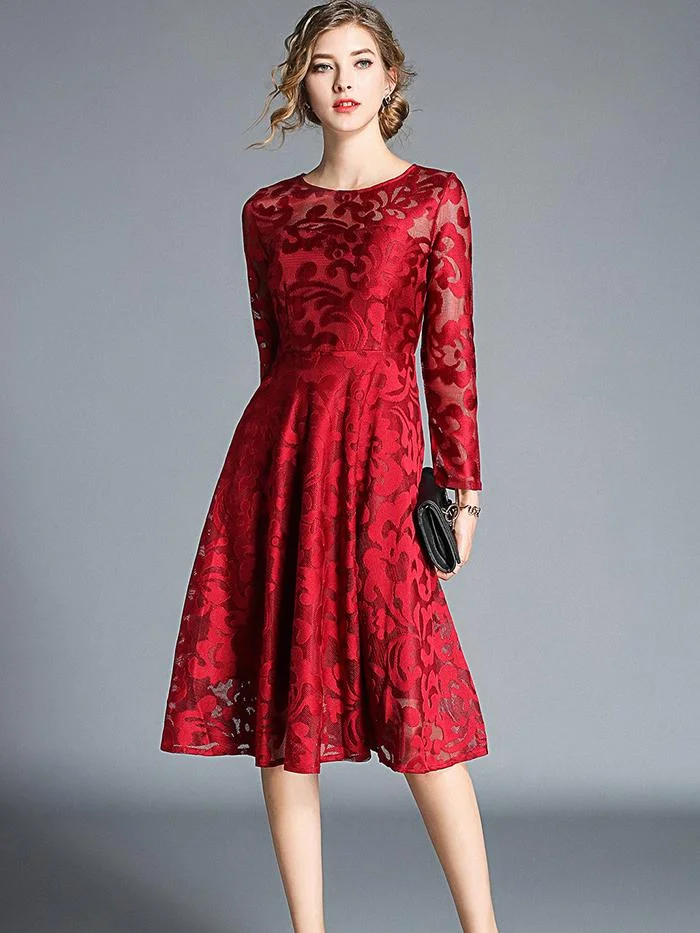 Temperament mid-length lace big swing long-sleeved dress