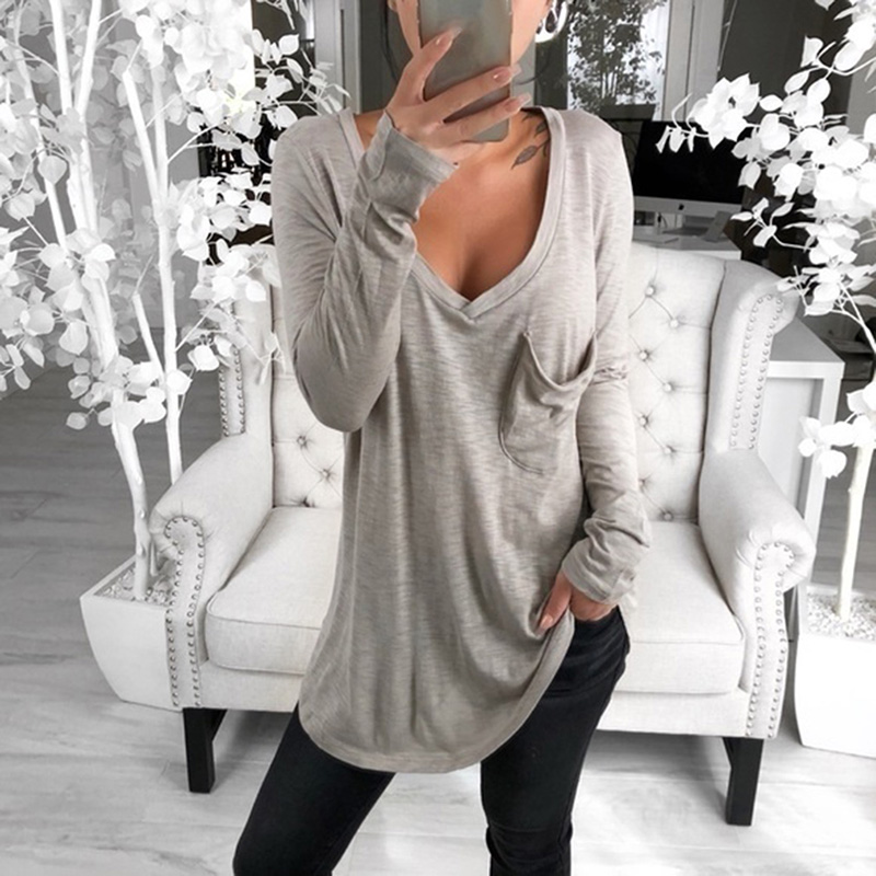 Basic V Neck Long Sleeve Fitted Plain Clothing Slim T Shirts