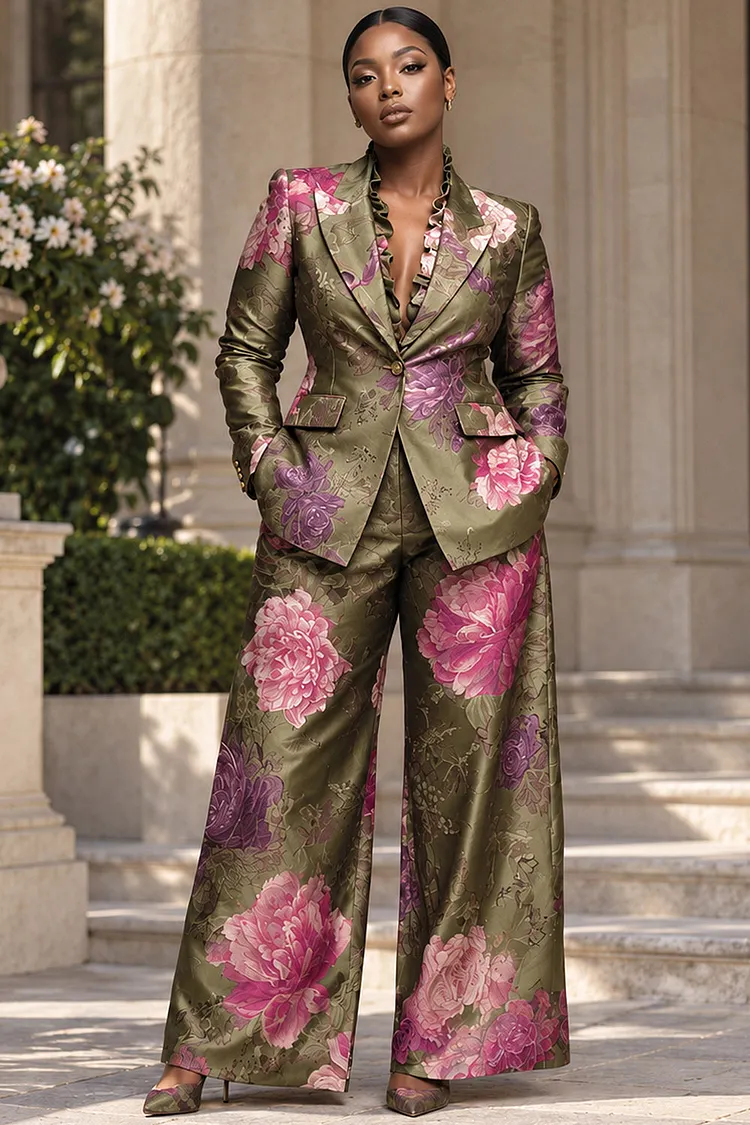 Xpluswear Design Plus Size Business Casual Green Floral Lapel Collar Long Sleeve Pocket Wide Leg Satin Two Piece Pant Suits [Pre-Order] 2024 - Xpluswear