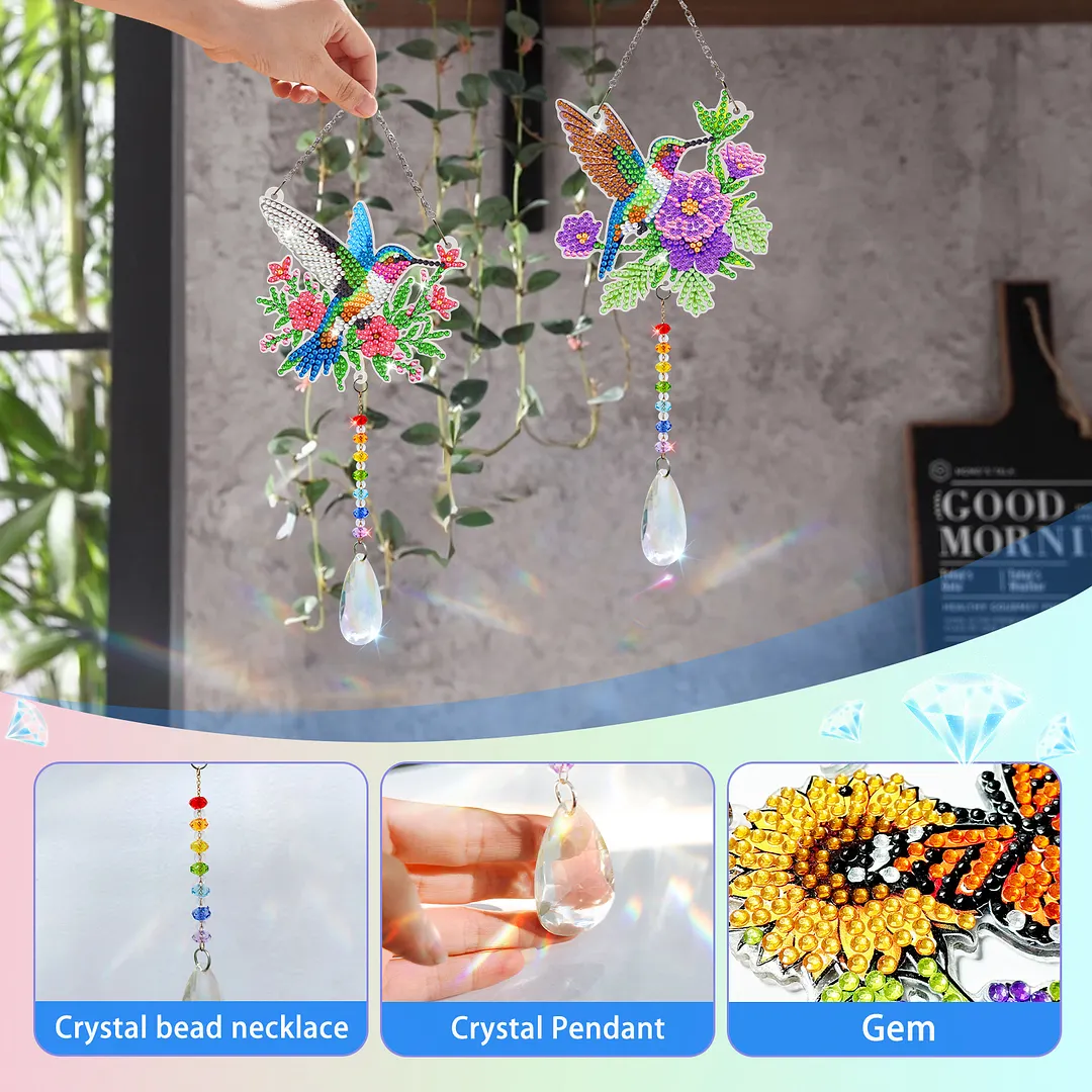 2Pcs Garden Hummingbird DIY Double-Sided Diamond Painting Hanging Kits Diamond Painting Suncatcher Craft Kit for Home Garden Wall Decor Gift