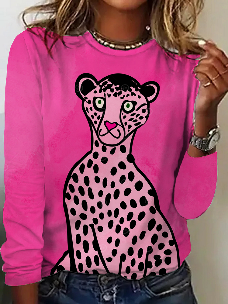 Women's Round Neck Pink Fun Cheetah Long Sleeve T-Shirt socialshop